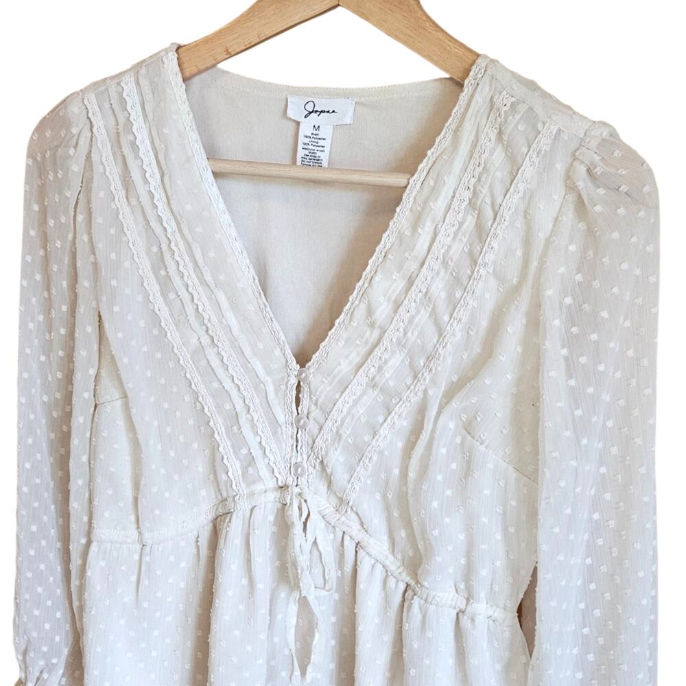 Japna Medium Cream Ivory Swiss Dot Crochet Lace Peplum Long Sleeve Blouse - Picture 2 of 4